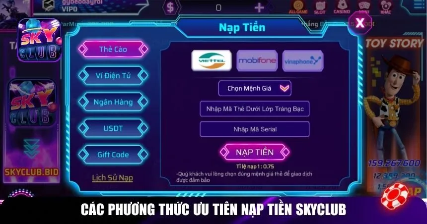 Các phương thức ưu tiên nạp tiền Skyclub